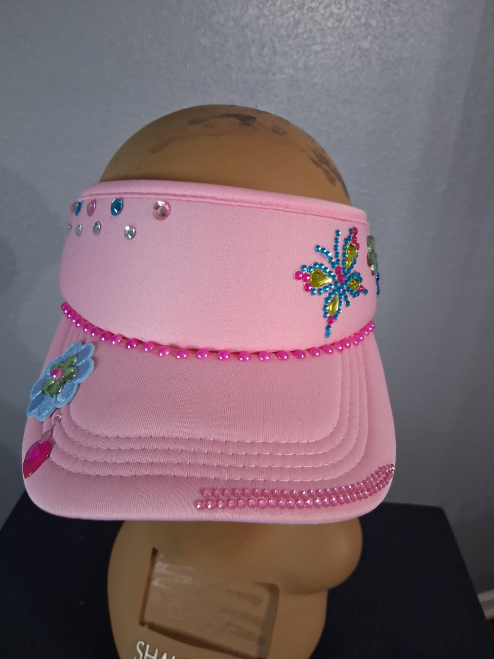 Hand Crafted Pink Ladies Visor with Beads & Butterfly Accents